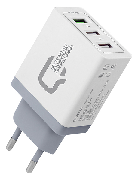 Сетевое зарядное устройство Qumo Charger 0019, 3xUSB, Quick Charge, 2.1А, белый
