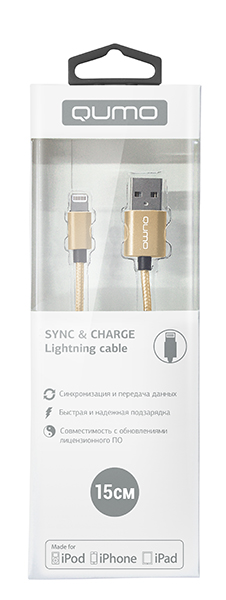 

Кабель USB 2.0-Lightning 8-pin MFI, Qumo, 15см, золотистый, алюминий/нейлон (AP200GO0.15m)