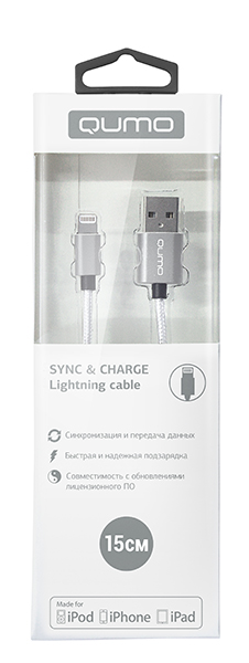 

Кабель USB 2.0-Lightning 8-pin MFI, Qumo, 15см, серебристый, алюминий/нейлон (AP200Sl0.15m)