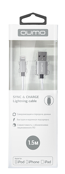 

Кабель USB 2.0-Lightning 8-pin MFI, Qumo, 1.5m, серебристый, алюминий/нейлон (AP200Sl1.5m)