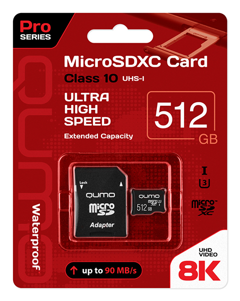

Карта памяти 512Gb microSDXC Qumo Pro Class 10 UHS-I U3 + адаптер, QM512GMICSDXC10U3