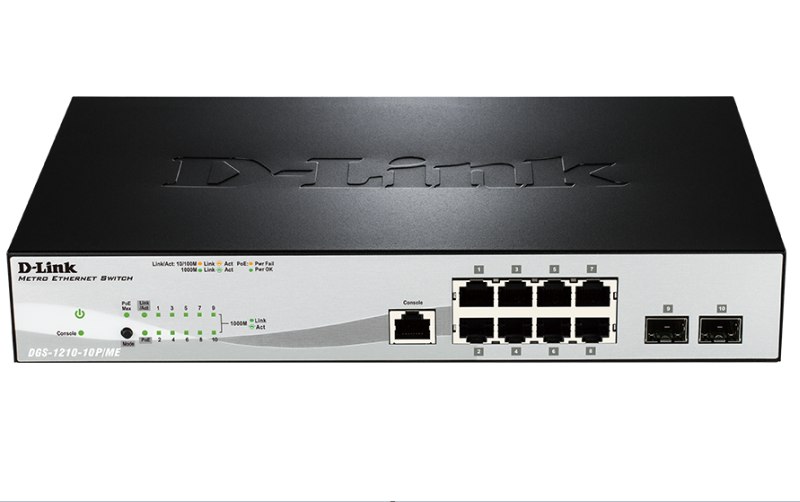 

Коммутатор D-link DGS-1210-10P/ME/A1, управляемый, кол-во портов: 8x1 Гбит/с, кол-во SFP/uplink: 2x1 Гбит/с, установка в стойку, PoE: 8шт.x30W (макс. 78W), DGS-1210-10P/ME/A1