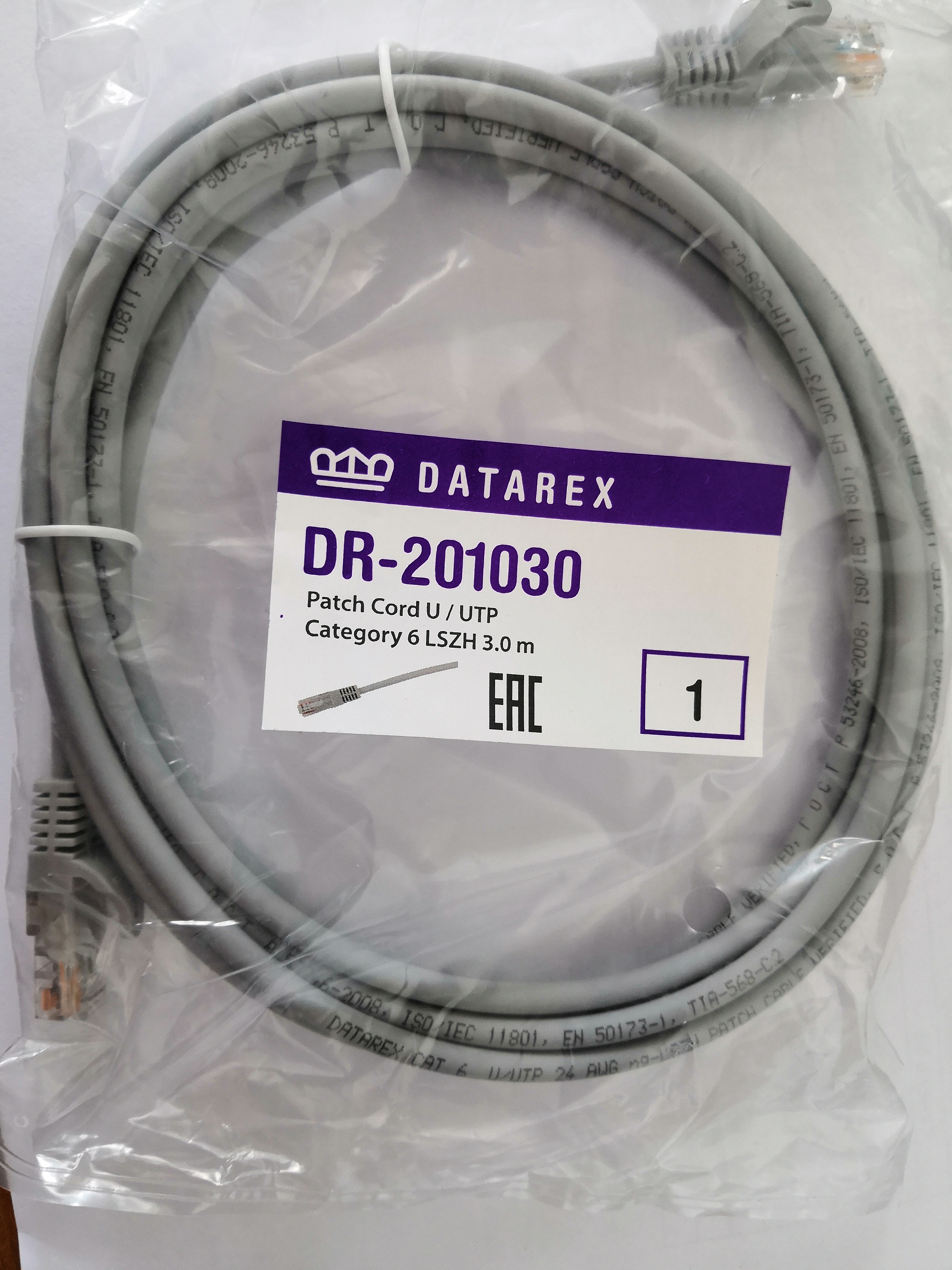 

Патч-корд UTP кат.6 3м, RJ45-RJ45, серый, Datarex (DR-201030), DR-201030