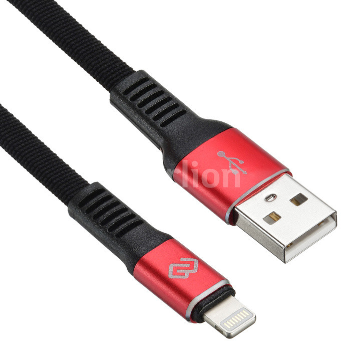 

Кабель USB-Lightning 8-pin, Digma, 1.2m, черный/красный, плоский (1080338)