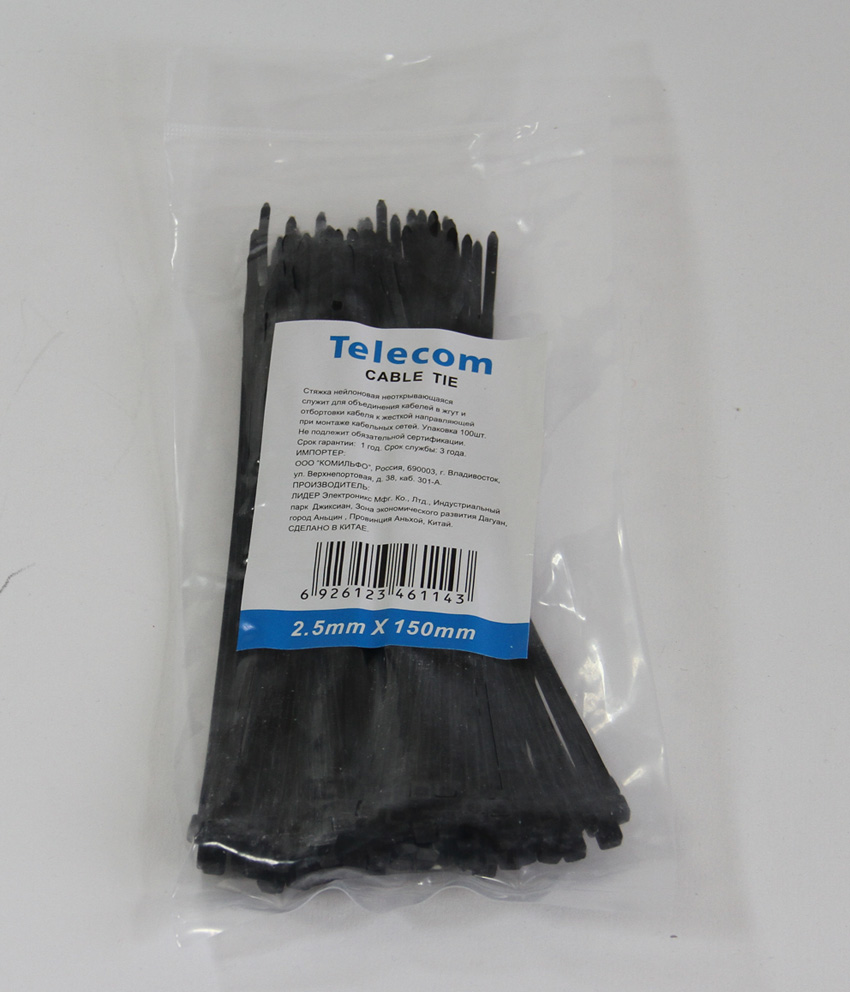 

Стяжка Telecom, 2.5 мм x 150 мм, 100 шт., черный (TIE2.5X150MM-B)