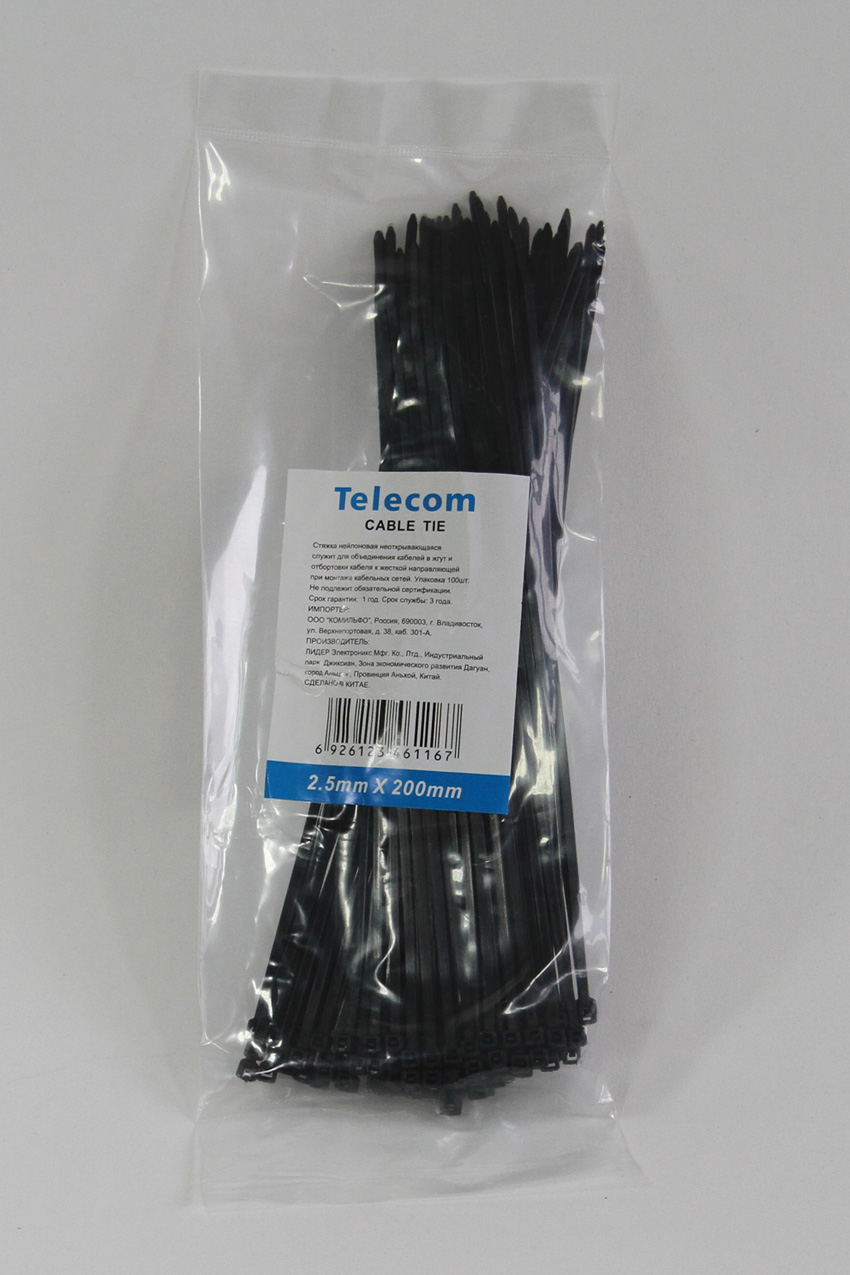 Стяжка Telecom, 2.5 мм x 200 мм, 100 шт., черный (TIE2.5X200MM-B)