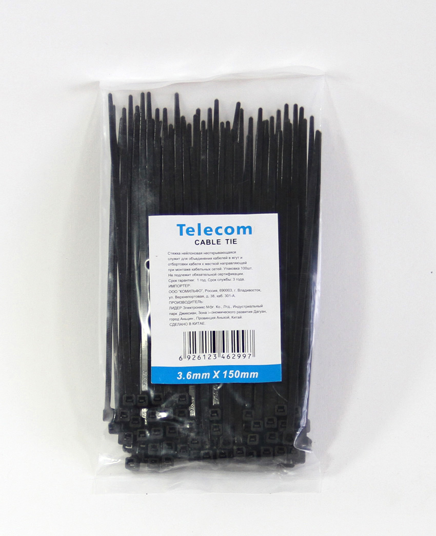 

Стяжка Telecom, 3.6 мм x 150 мм, 100 шт., черный (TIE3.6X150MM-B)