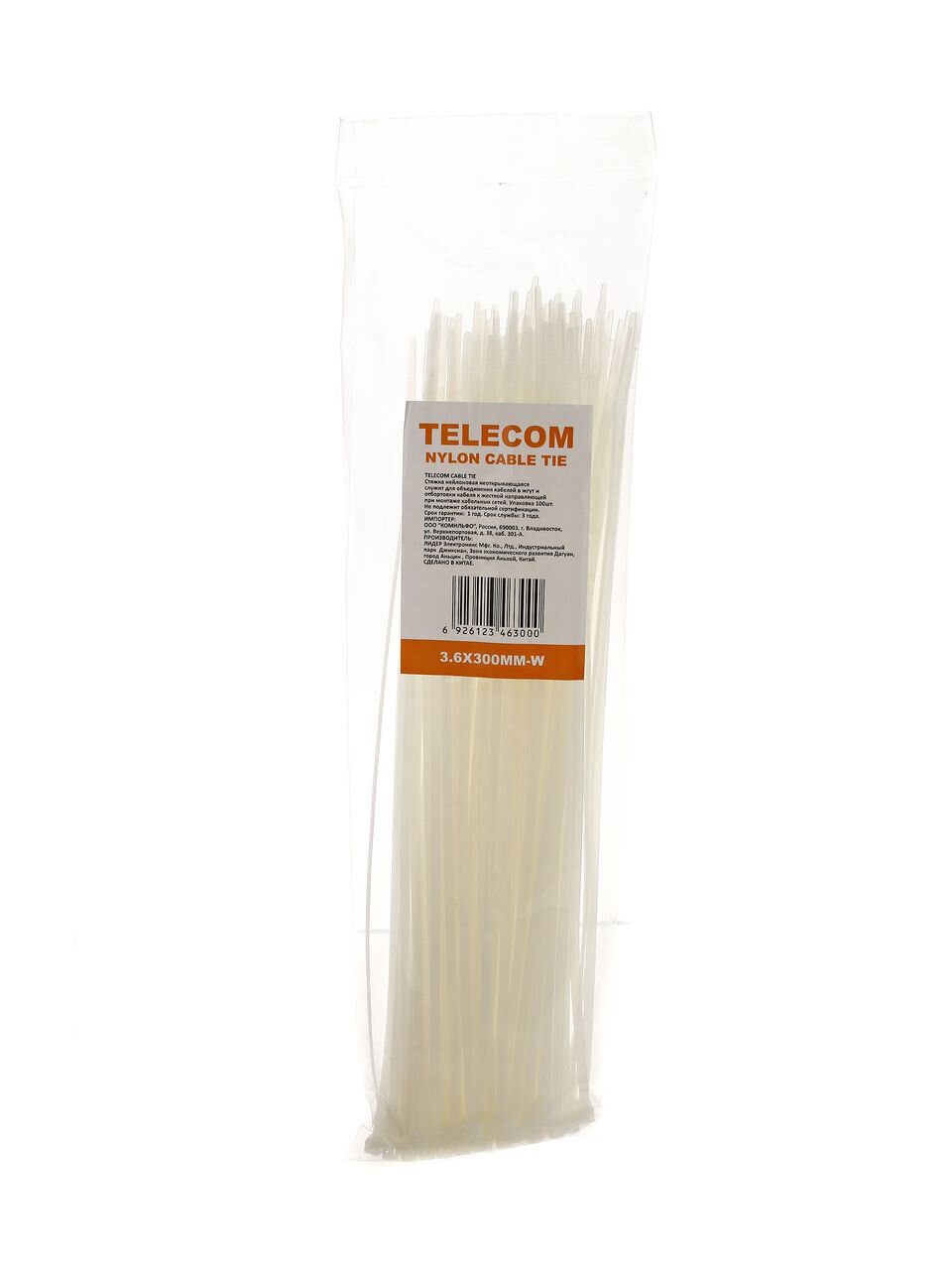 

Стяжка Telecom, 300мм x 3.6мм, 100шт., белый (TIE3.6X300MM), 0