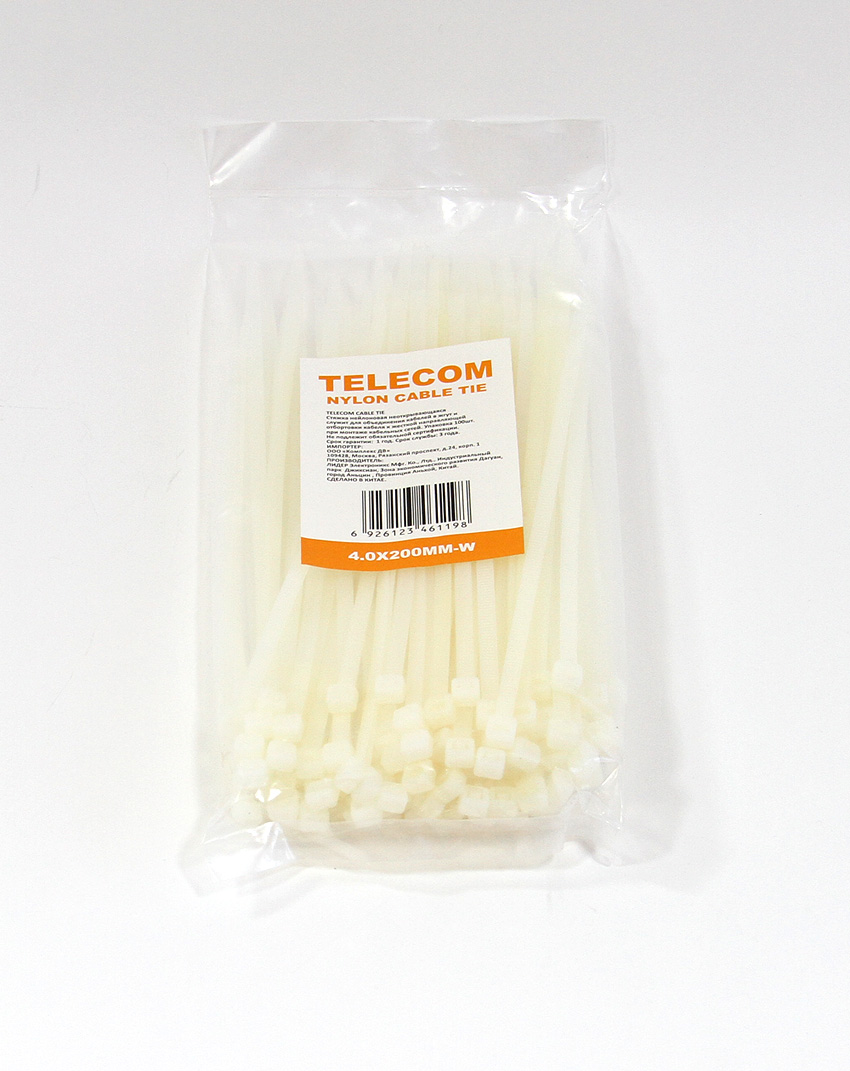 Стяжка Telecom, 4 мм x 200 мм, 100 шт., белый (TIE4.0X200MM-W)