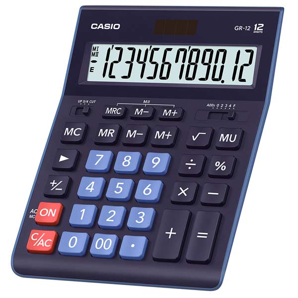 

Калькулятор настольный CASIO GR-12-BU, 12-разрядный, кол-во функций:10, однострочный экран, темно-синий (GR-12-BU-W-EP), GR-12-BU