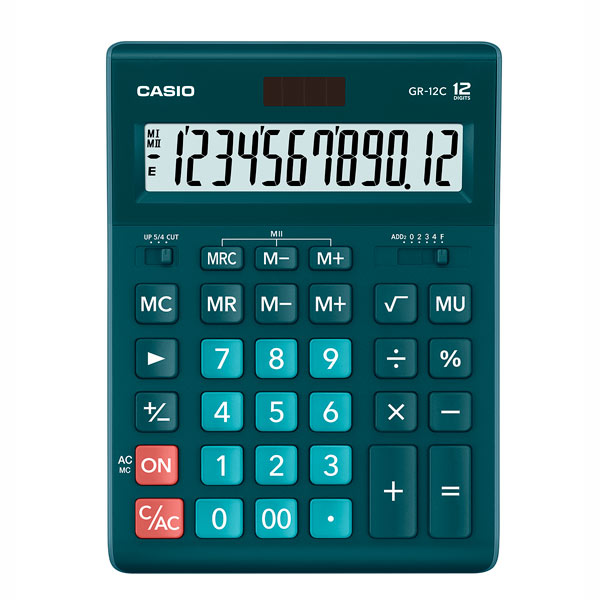 

Калькулятор настольный CASIO GR-12C, 12-разрядный, кол-во функций:10, однострочный экран, темно-зеленый (GR-12C-DG-W-EP), GR-12C