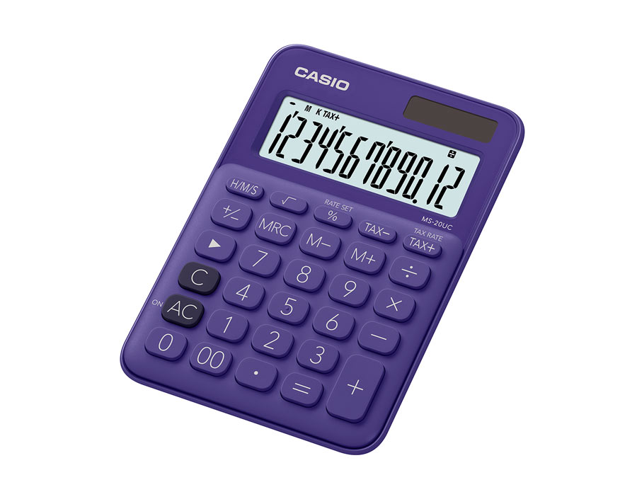 

Калькулятор настольный CASIO MS-20UC, 12-разрядный, кол-во функций:10, однострочный экран, фиолетовый (MS-20UC-PL-S-EC), MS-20UC