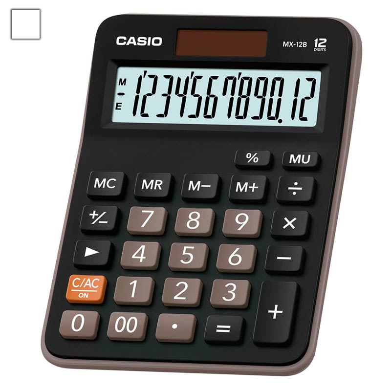 

Калькулятор настольный CASIO MX-12B, 12-разрядный, кол-во функций:7, однострочный экран, черный/коричневый (MX-12B-W-EC), MX-12B