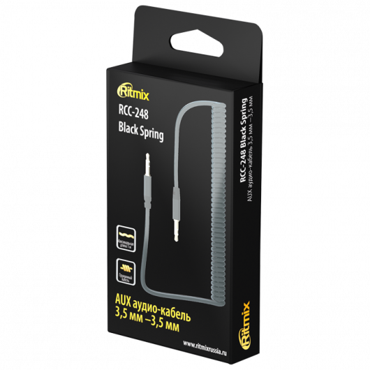 

Кабель соединительный Ritmix Jack 3.5-Jack 3.5, 1м, черный (RCC-248 Black Spring)