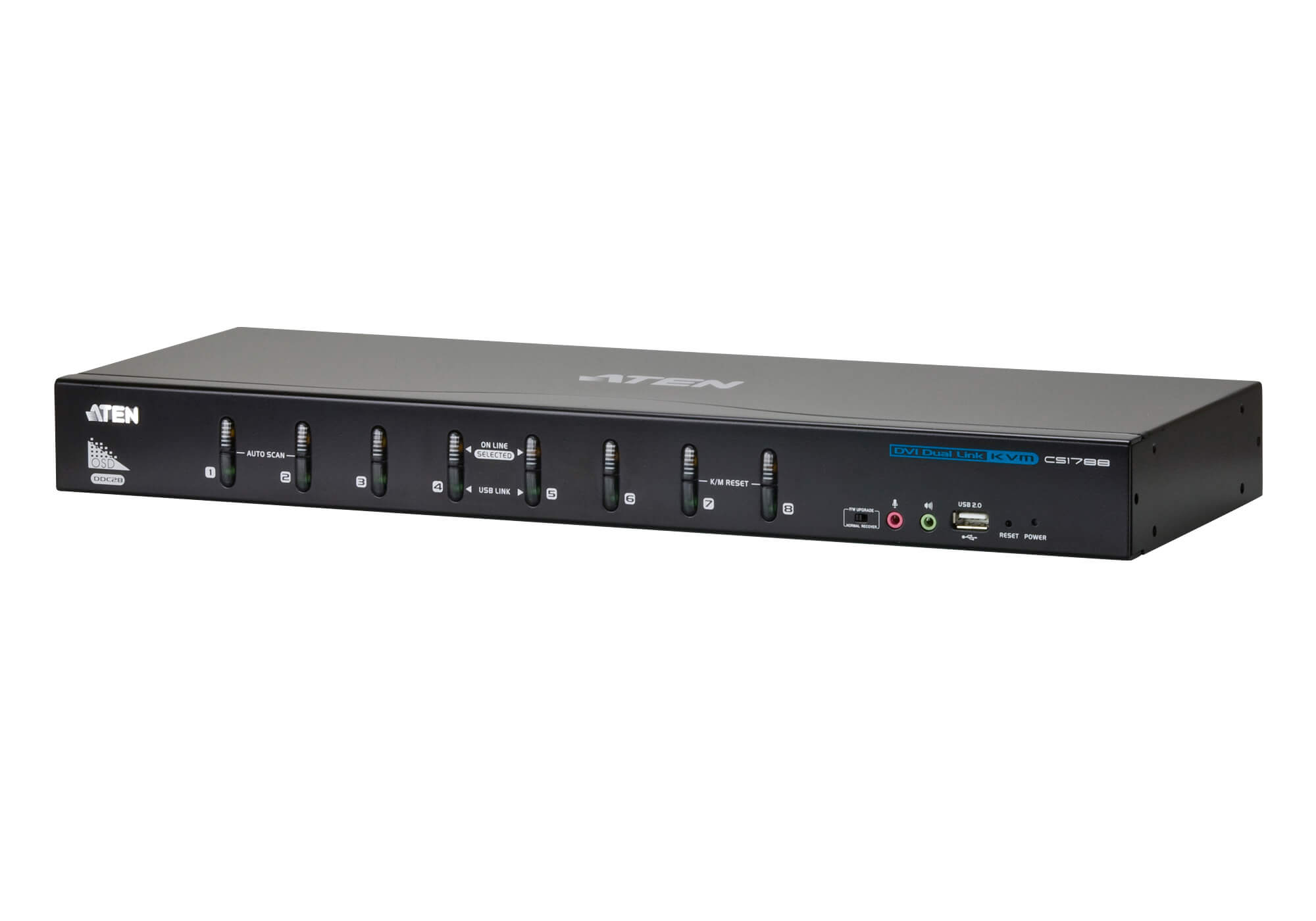 

Коммутатор KVM (КВМ) ATEN CS1788, 8-ПК, клавиатура USB, мышь USB, видео DVI-I 2560x1600, комплект для монтажа в стойку; 2 комплекта KVM-кабелей USB двухканальный DVI-D; кабель для обновления прошивки; адаптер питания; комплект ножек (CS1788-AT-G), CS1788