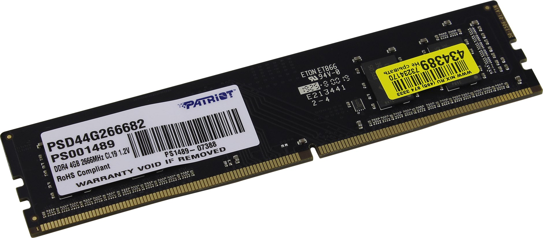 

Память DDR4 DIMM 4Gb, 2666MHz, CL19, 1.2 В, Patriot Memory, Signature (PSD44G266682), PSD44G266682