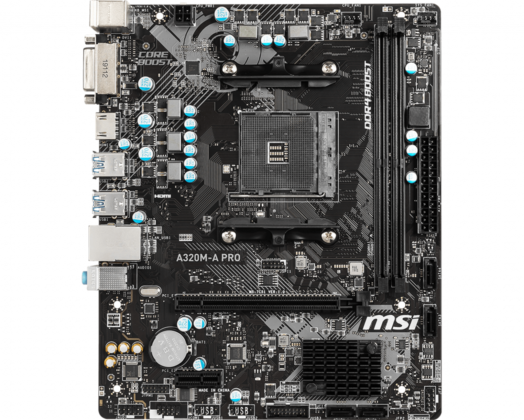 

Материнская плата MSI A320M-A PRO, SocketAM4, AMD A320, 2xDDR4, PCI-Ex16, 4SATA3, 7.1-ch, GLAN, 6 USB 3.2, DVI, HDMI, mATX, Retail, A320M-A PRO