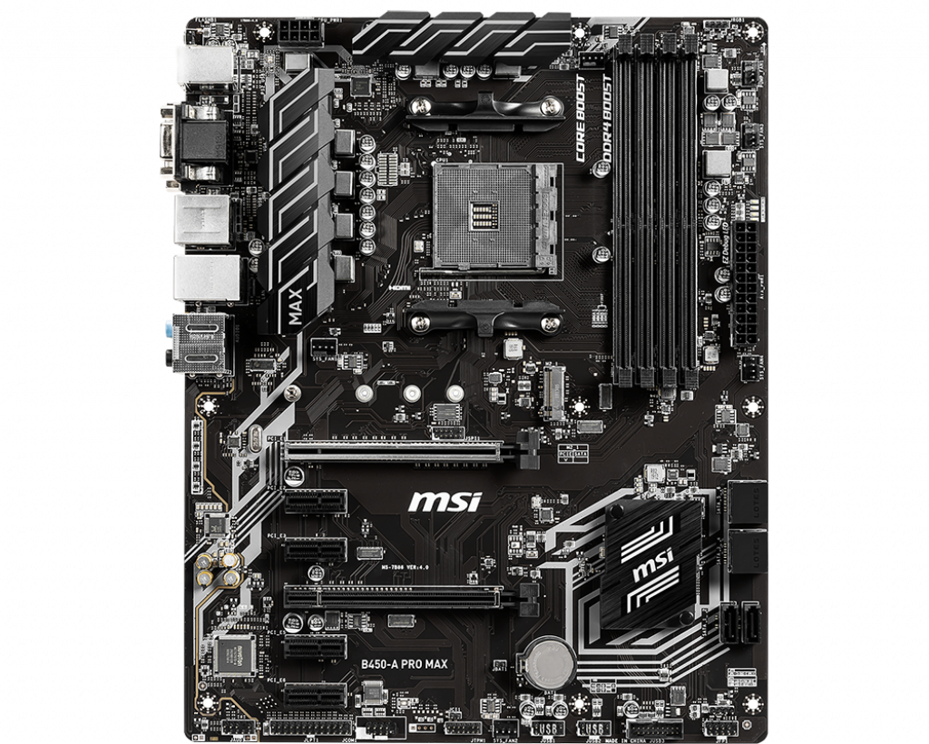 

Материнская плата MSI B450-A PRO MAX, SocketAM4, AMD B450, 4xDDR4, 2PCI-Ex16, 6SATA3, 7.1-ch, GLAN, 6USB 3.2, VGA, DVI, HDMI, ATX, Retail, B450-A PRO MAX