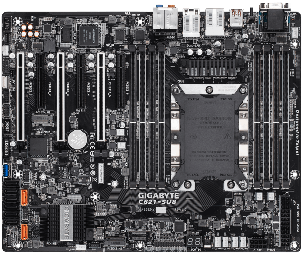 

Материнская плата GIGABYTE C621-SU8, 1xSocket3647, iC621, 8xDDR4, 3PCI-Ex16, 3PCI-Ex8, 2xM.2, 8SATA3 RAID 0/1/5/10, 7.1-ch, 3GLAN, 1xUSB 2.0, 6xUSB 3.1, VGA, ATX, Retail, C621-SU8