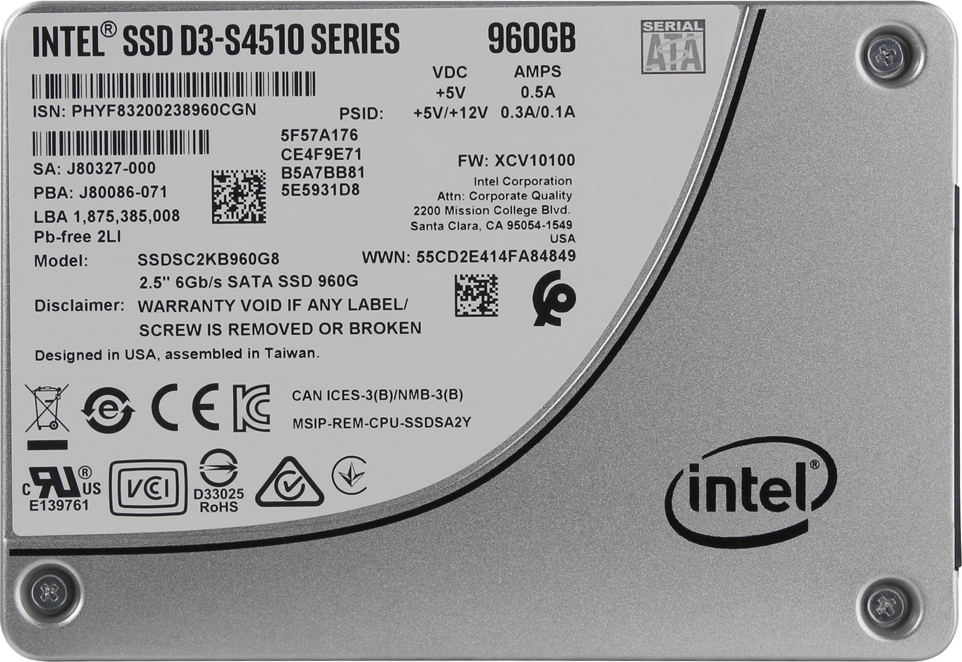 Твердотельный накопитель (SSD) Intel D3-S4510 960Gb, 2.5", SATA3