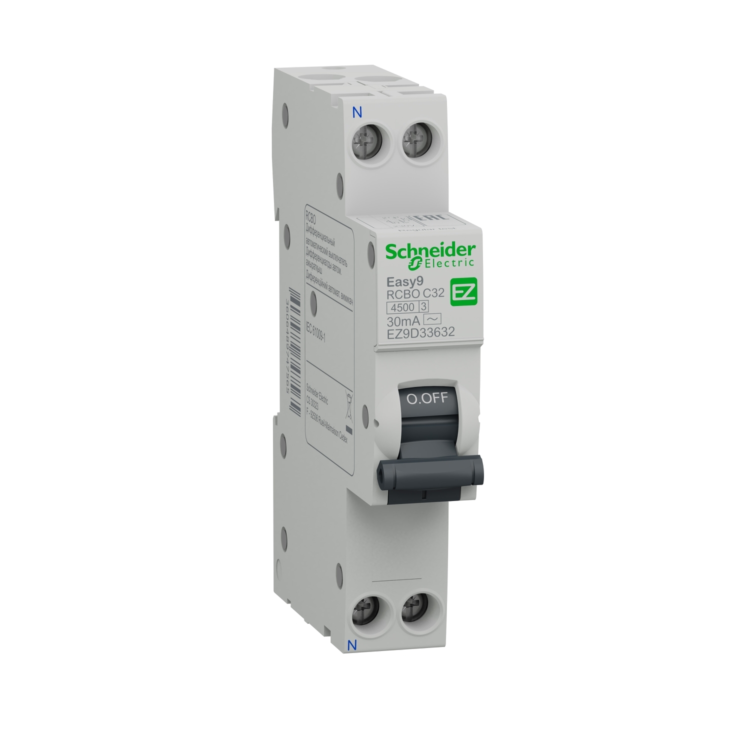 

Выключатель автоматический дифференциального тока Schneider Electric EASY9, 1P+N, C, 32A, AC/30мА, 1 модуль (EZ9D33632), 0