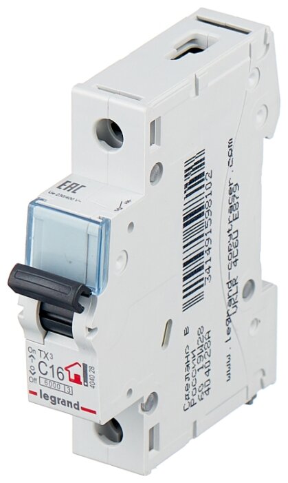 

Выключатель автоматический Legrand TX³ однополюсный (1P/1П) 16A C 6кА (404028), 0