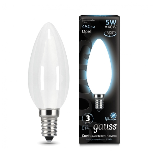 

Лампа светодиодная E14 свеча/C35, 5Вт, 4100K / нейтральный свет, 450лм, Gauss (103201205)