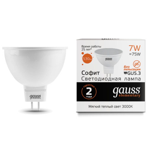 

Лампа светодиодная GU5.3, MR16, 7Вт, 530лм, 3000K/теплый, 80 Ra, GAUSS MR16 (13517)