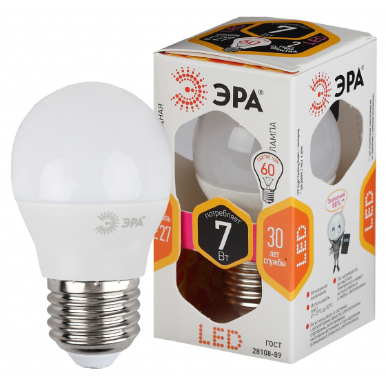 

Лампа светодиодная E27 шар/P45, 7Вт, 2700K / теплый свет, 560лм, ЭРА LED P45-7W-827-E27 (Б0020550), LED P45-7W-827-E27