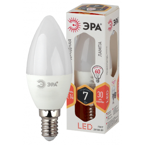 

Лампа светодиодная E14 свеча, 7Вт, 2700K / теплый свет, 560лм, ЭРА LED B35-7W-827-E14 (Б0020538), LED B35-7W-827-E14