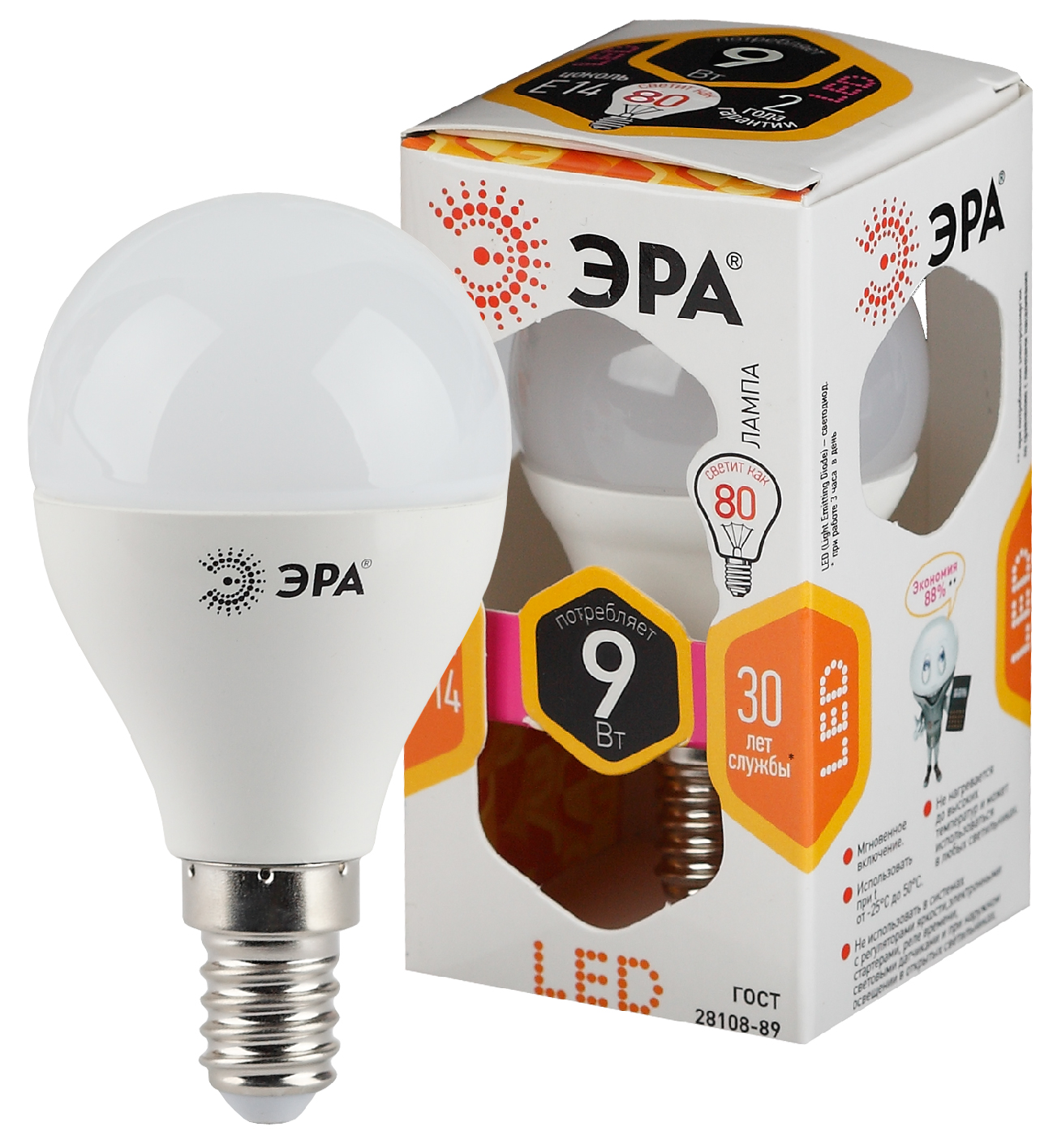 

Лампа светодиодная E14 шар/P45, 9Вт, 2700K / теплый свет, 720лм, ЭРА LED P45-9W-827-E14 (Б0029041), LED P45-9W-827-E14