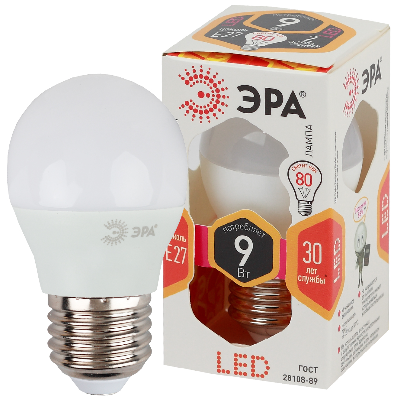 

Лампа светодиодная E27 шар/P45, 9Вт, 2700K / теплый свет, 720лм, ЭРА LED P45-9W-827-E27 (Б0029043), LED P45-9W-827-E27