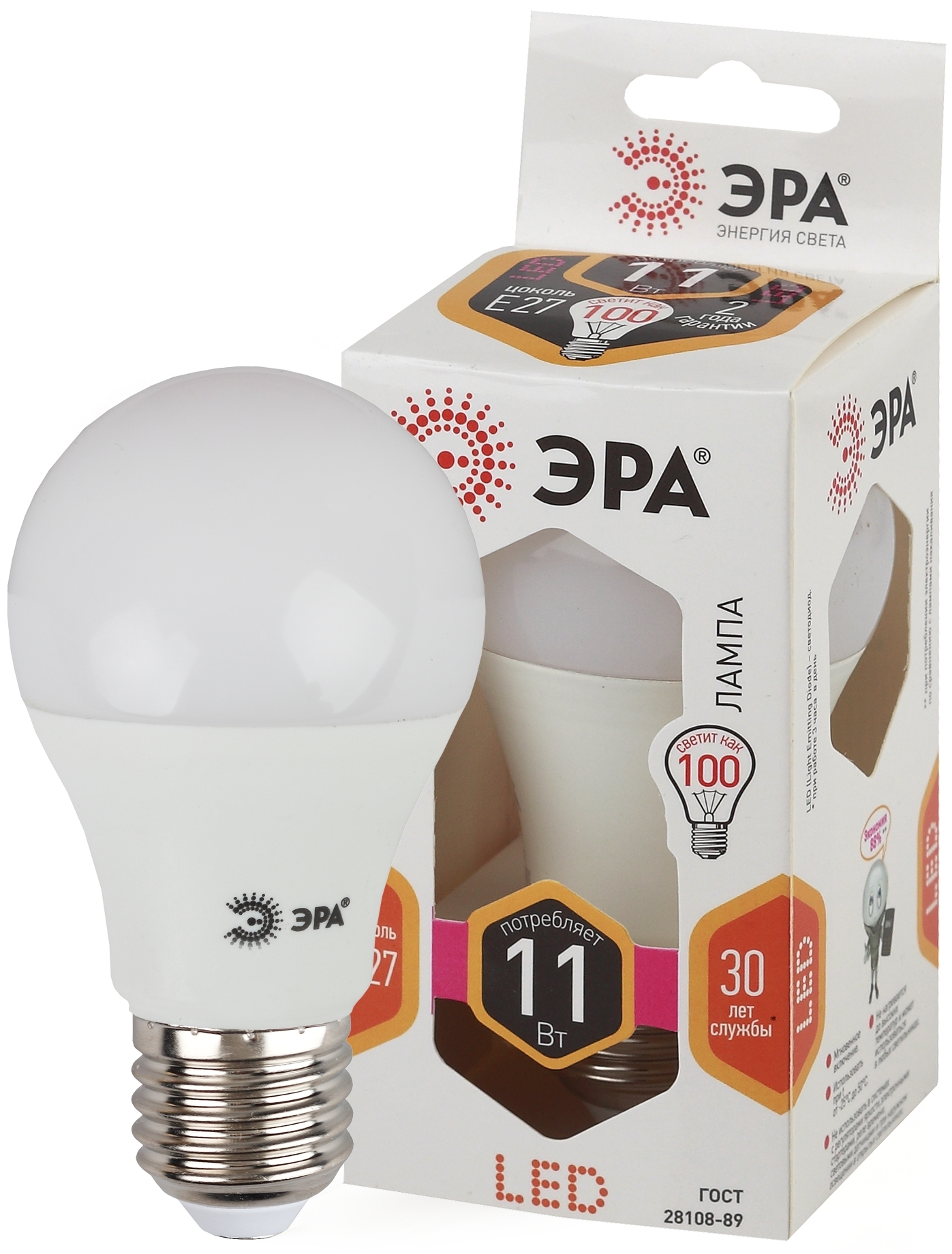 

Лампа светодиодная E27 груша/A60, 11Вт, 2700K / теплый свет, 880лм, ЭРА LED A60-11w-827-E27 (Б0030910), LED A60-11w-827-E27
