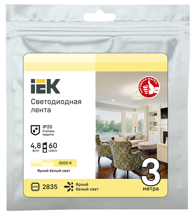 

Лента светодиодная, 3 м, SMD 2835, 60 шт./4.8 Вт на метр, 12V, 3000K, теплый белый, IP20 IEK (LSR1-1-060-20-3-03)