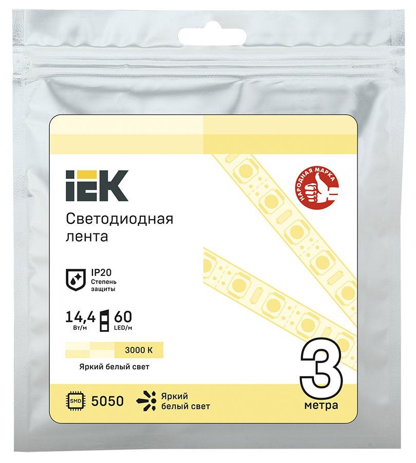 

Лента светодиодная, 3м, SMD 5050, 60шт./14.4W на метр, 12 В, 3000 K, теплый белый, IP20 IEK (LSR2-1-060-20-3-03), 0