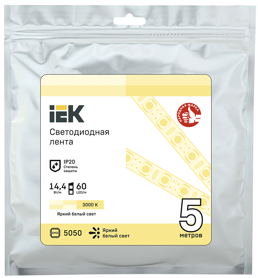 

Лента светодиодная, 5 м, SMD 5050, 60 шт./14.4 Вт на метр, 12V, 3000K, теплый белый, IP20 IEK (LSR2-1-060-20-3-05)