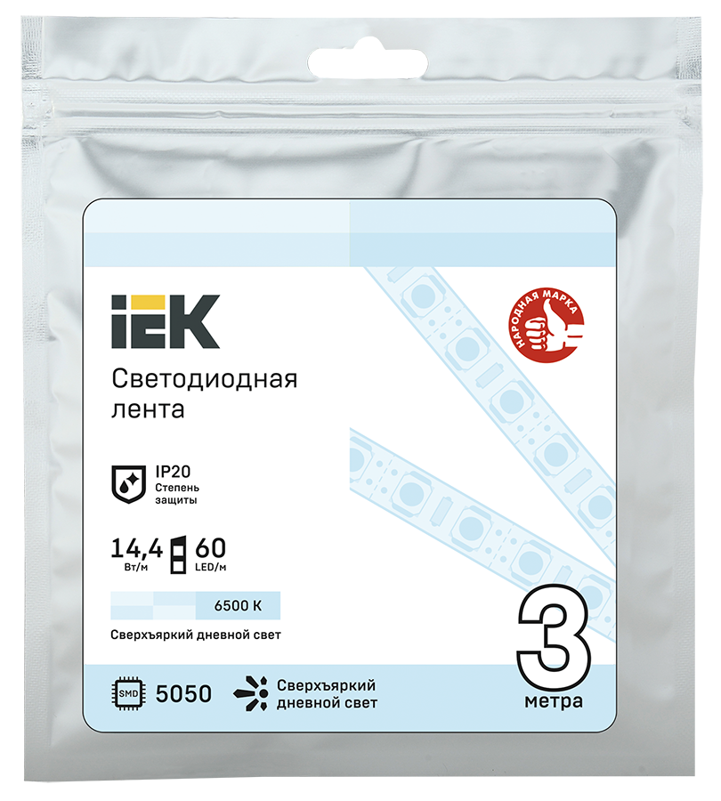 

Лента светодиодная, 3м, SMD 5050, 60шт./14.4W на метр, 12 В, 6500 K, холодный белый, IP20 IEK (LSR2-2-060-20-3-03), 0