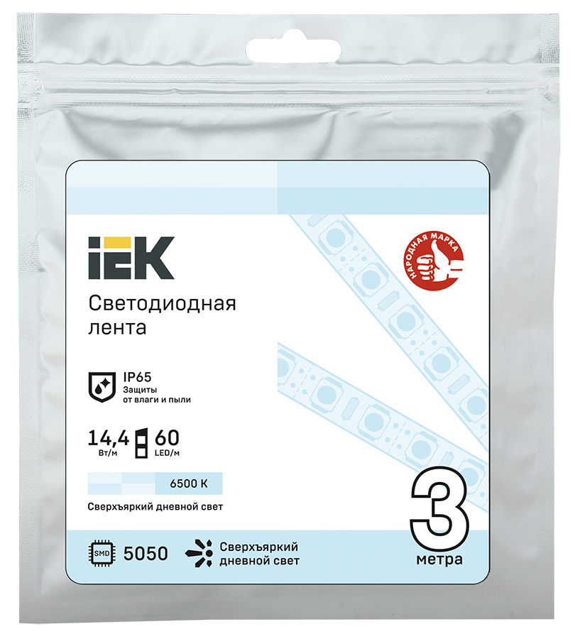 Лента светодиодная IEK, 3 м, SMD 5050, 14.4 Вт на метр, 6500K