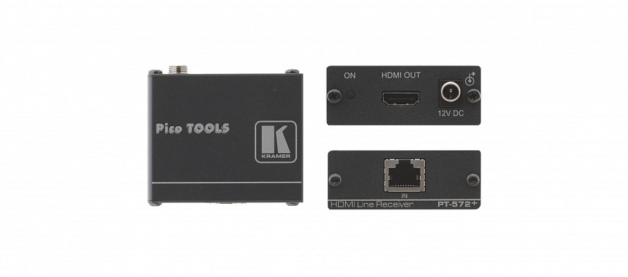 Удлинитель по витой паре Kramer PT-572+, HDMI, 1920x1080 до 70м, приемник сигнала HDMI из кабеля витой пары (TP), поддержка HDCP и HDTV, HDMI (V.1.4 c 3D, Deep Color, x.v.Color™, Lip Sync, HDMI Uncompressed Audio Channels, Dolby TrueHD, DTS-HD) с адаптером питания, 1.65Gbps ( PT-572+)