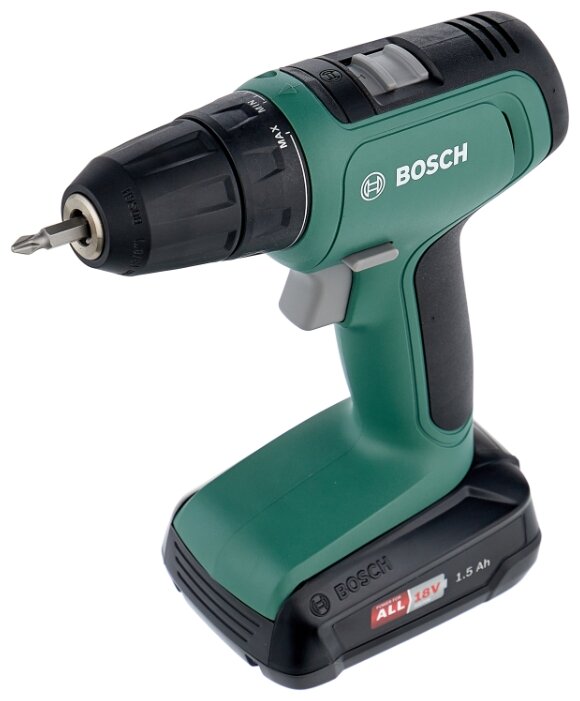 

Дрель-шуруповерт Bosch UniversalDrill 18, аккумуляторный, 30 нм, 1450 об/мин, 18V, 1.5 А·ч, Li-Ion, два акб, быстрозажимной патрон, кейс, 1.19 кг (06039C8005), UniversalDrill 18