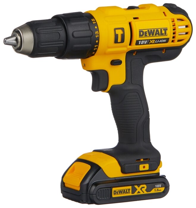 Дрель-шуруповерт DeWALT DCD776S2, аккумуляторный, 42 Н·м, 1500 об/мин, 18V, 1.5 А·ч, Li-Ion, два акб, быстрозажимной патрон, кейс, 1.72кг (DCD776S2-KS)