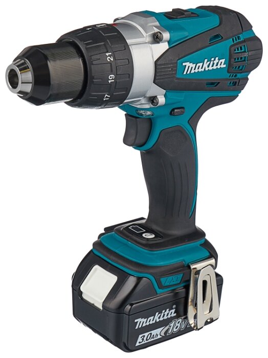 Дрель-шуруповерт Makita DDF458RFE, аккумуляторный, 91 Н·м, 2000 об/мин, 18V, 3 А·ч, Li-Ion, два акб, быстрозажимной патрон, кейс, 2.3кг