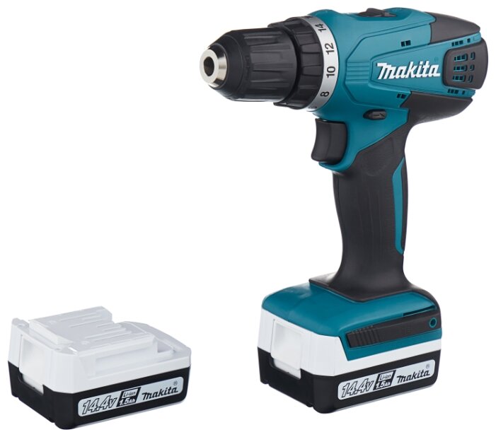 

Дрель-шуруповерт Makita DF347DWE, аккумуляторный, 30 нм, 1400 об/мин, 14.4V, 1.3 А·ч, Li-Ion, два акб, быстрозажимной патрон, кейс, 1.4 кг, DF347DWE