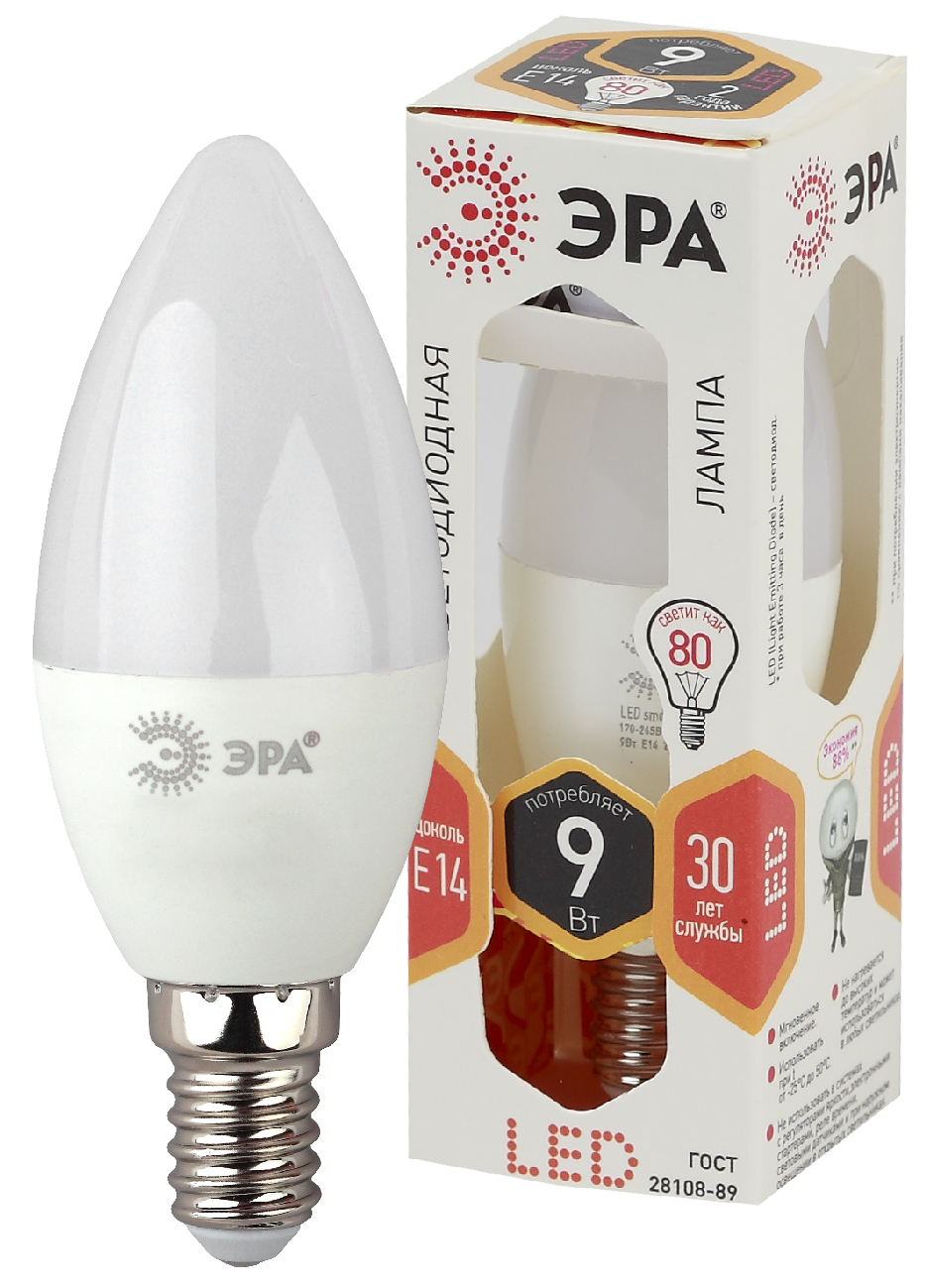 

Лампа светодиодная E14 свеча/B35, 9Вт, 2700K / теплый свет, 720лм, ЭРА LED B35-9W-827-E14 (Б0027969), LED B35-9W-827-E14