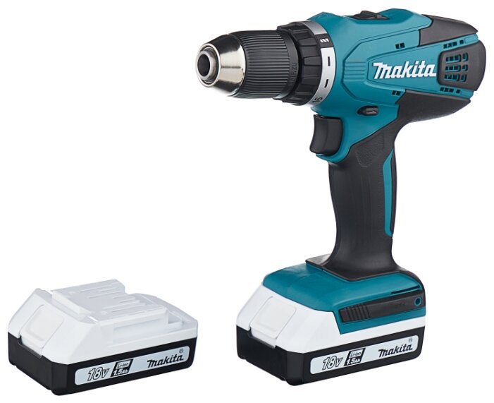 

Дрель-шуруповерт Makita DF457DWE, аккумуляторный, 42 нм, 1400 об/мин, 18V, 1.5 А·ч, Li-Ion, два акб, быстрозажимной патрон, кейс, 1.7 кг, DF457DWE
