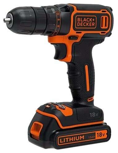 

Дрель-шуруповерт BLACK+DECKER BDCDC18K-QW, аккумуляторный, 30 Н·м, 650 об/мин, 18V, 1.5 А·ч, Li-Ion, быстрозажимной патрон, кейс, 780г, BDCDC18K-QW