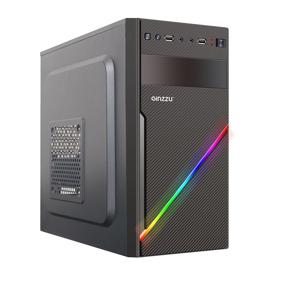 Корпус Ginzzu D400 RGB, mATX, Mini-Tower, RGB подсветка, черный, без БП