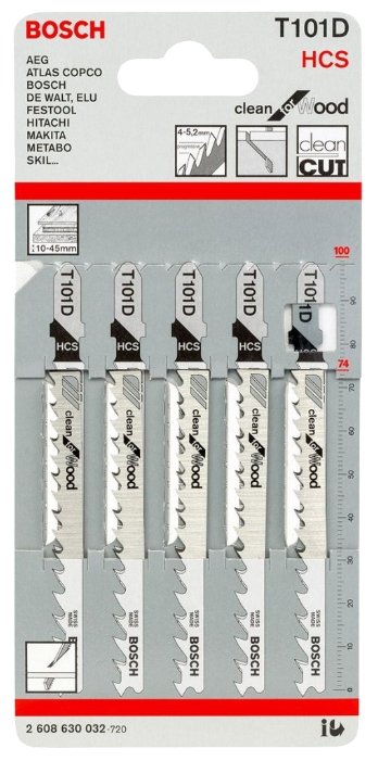 

Набор пилок для лобзика Bosch T101D L10 см x 7.4 см, чистый, дерево, ДСП, столярные плиты, фанера, 5 шт. (2608630032), T101D