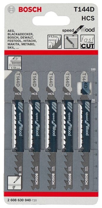 

Набор пилок для лобзика Bosch T144D L10 см x 7.4 см, быстрый рез, дерево, ДСП, столярные плиты, фанера, 5 шт. (2608630040), T144D