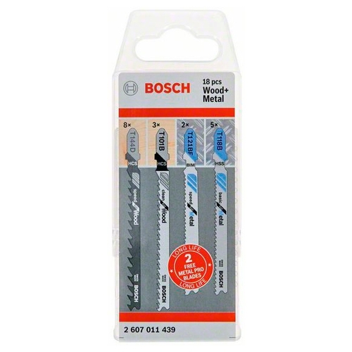 

Набор пилок для лобзика Bosch L92-100, быстрый рез, точный рез (прямой), чистый, дерево, металл, 18шт. (2607011439)